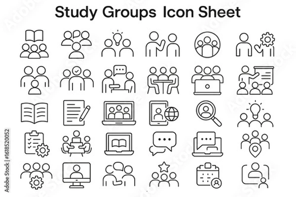Obraz Study Groups Icon Sheet: A comprehensive icon sheet features line art illustrations of various study group scenarios, perfect for educational or collaborative projects.