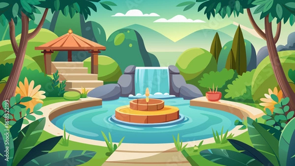 Fototapeta Vector art of a picturesque garden with a pond, fountain, and waterfall, including a charming gazebo and scenic mountain backdrop