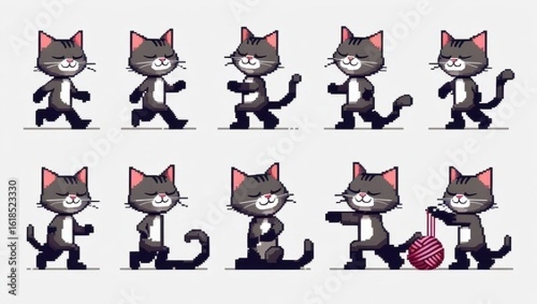 Fototapeta Pixel art grey cat character sprite sheet with various poses and activities