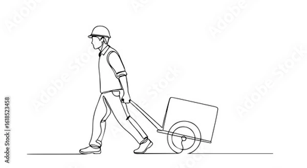 Fototapeta One line drawing illustration, construction worker pulling cart. Construction worker is a professional working, hauling supplies. This single line drawing of construction worker implies hard work,