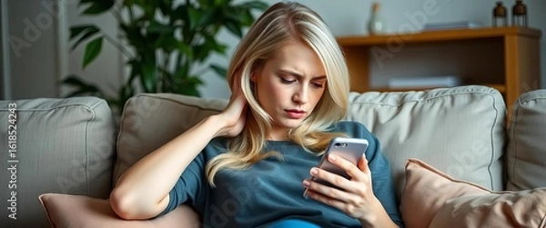 Fototapeta Blonde individual seated on sofa, clutching smartphone, exhibiting signs of neck discomfort,  worry,   spine