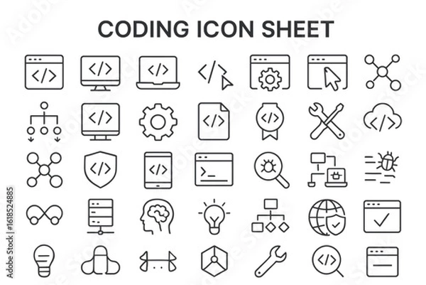 Fototapeta Coding Icon Sheet: An array of intricately drawn icons that vividly represent the world of programming and software development. Perfect for illustrating concepts, designs and technology.