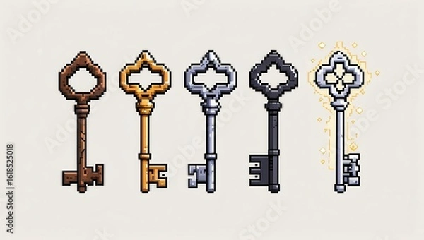 Fototapeta Five vintage ornate keys in pixel art style one glowing with magical energy