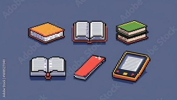 Obraz Six pixel art illustrations of books and an e reader against a muted blue background