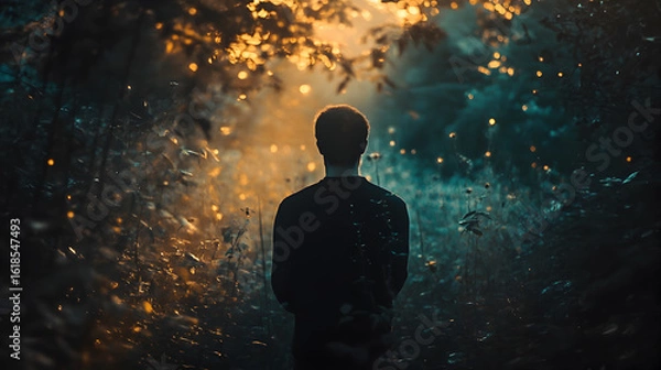 Fototapeta Mysterious Figure Standing in a Magical Forest with Fireflies