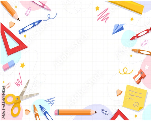 Fototapeta Creative School Supplies Frame on Grid Paper Background