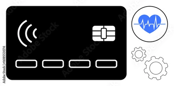 Fototapeta Black digital card with chip and contactless symbol, blue heart with heartbeat line, and gear icons. Ideal for fintech, healthcare, innovation, digital service, automation, synergy simple landing