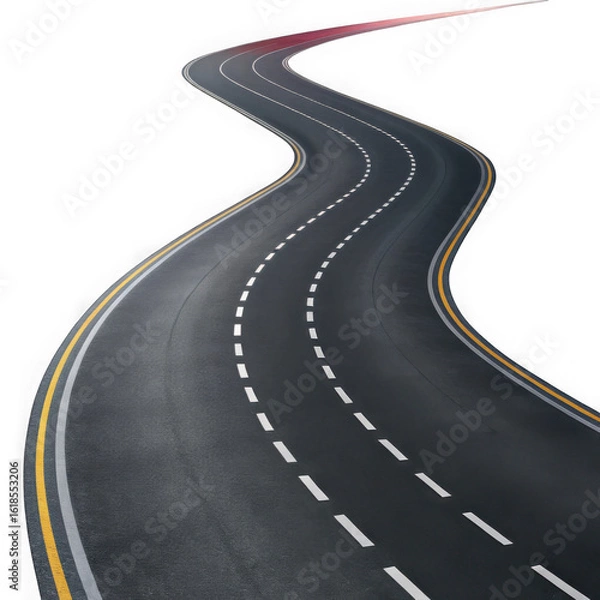 Fototapeta Winding asphalt road with white dashed lines isolated on transparent background