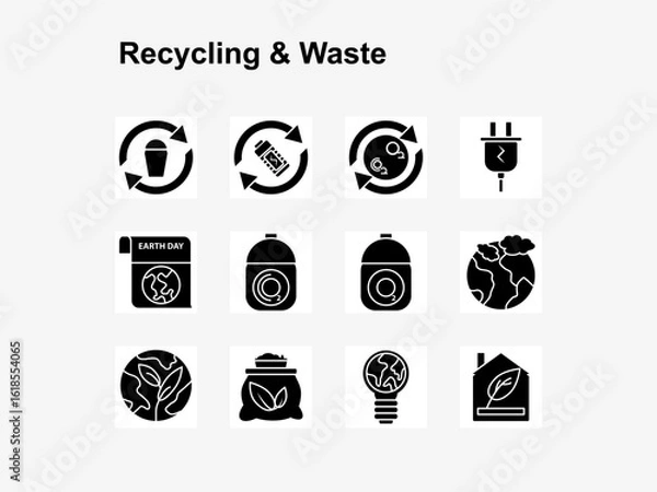Fototapeta 12 solid-style icons on recycling, pollution, Earth Day, and sustainable energy. Ideal for clean energy campaigns and eco topics.