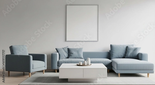 Fototapeta Blue sofa room mockup, modern interior with light gray wall and vertical frame for artwork display template home decoration design layout concept cozy space rendering

