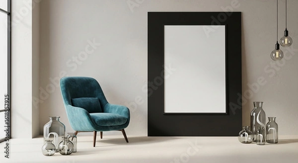 Fototapeta Modern frame mockup, black border poster with teal armchair in elegant interior for artwork display scene home decoration rendering concept design layout furniture setup

