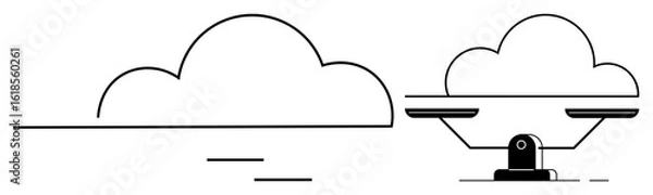 Fototapeta Cloud hovering over a balanced seesaw, symbolizing balance, decision-making, data strategy, and sustainability. Ideal for technology, innovation, teamwork, cloud computing sustainability