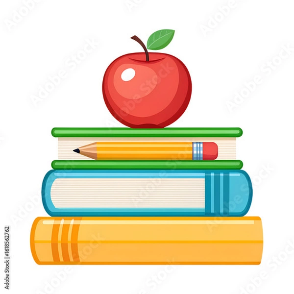 Obraz Flat Cartoon School Books Stack with Red Apple and Pencil – Transparent PNG Clipart