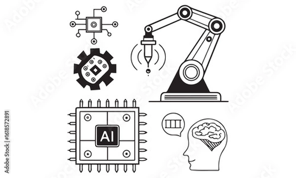 Fototapeta AI and Robotics Line Icons – Vector Illustrations of Artificial Intelligence & Automation

