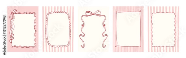 Fototapeta Whimsical wedding frames with bows, ribbons line art set. Whimsy hand drawn vintage coquette minimalist pink borders. Coquette vector illustration for banner, cards, invitation template