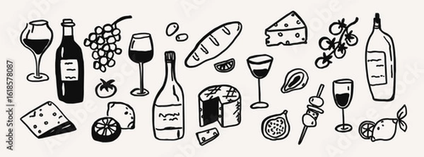 Fototapeta Whimsical wine party and food, cheese line art sketch set. Whimsy mediterranean dinner table settings summer hand drawn doodle elements. Wedding coquette outline vector illustration