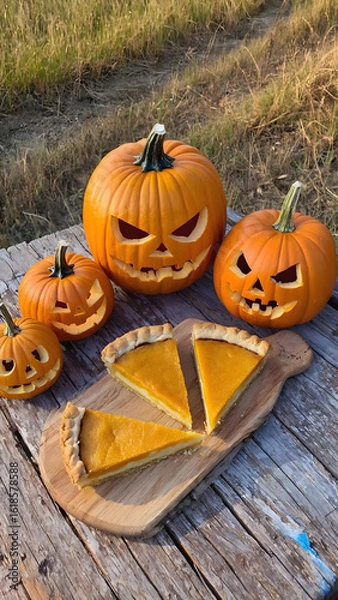 Obraz Carved Halloween Pumpkins and Pumpkin Pie Pieces on Wooden Farm Table with Autumn Landscape