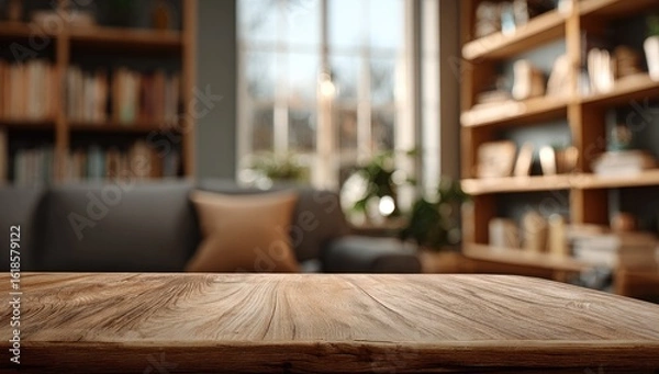 Obraz Wooden table top in a cozy home library