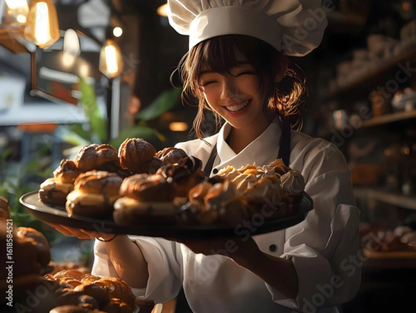 Obraz Smiling Chef Holding Tray Of Delicious Pastries