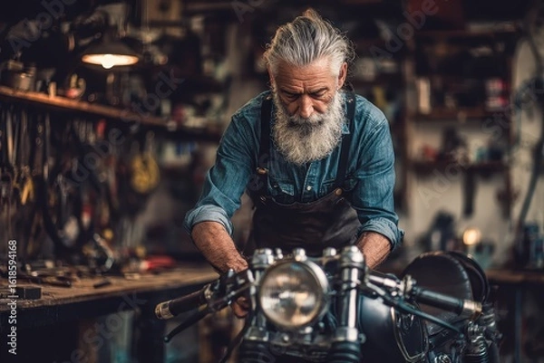 Fototapeta A man working on a motorcycle in a garage
