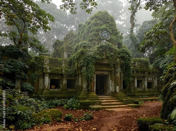 Fototapeta Ancient Temple Overgrown by Vegetation in a Misty Forest