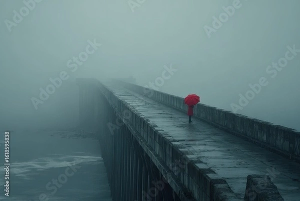 Fototapeta A person walking on a pier in the fog