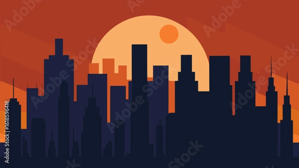 Fototapeta Observe the city sky with a full moon rising as the sun sets