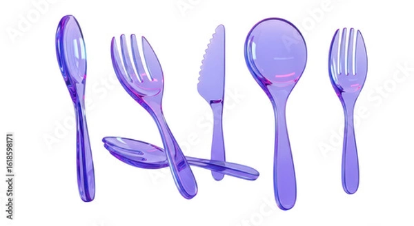 Fototapeta Five translucent purple utensils displayed isolated with a white backdrop for use in food blogs or design