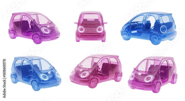 Fototapeta Colored transparent microcars displayed on a white background representing future mobility and transportation designs
