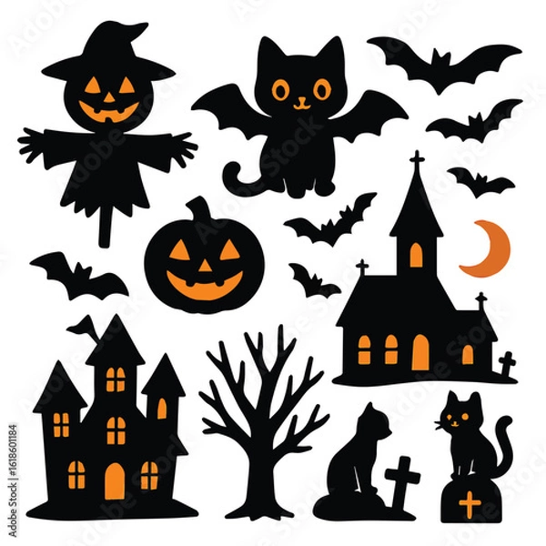 Fototapeta Halloween design element hunted house, bat, cat and pumpkin silhouette vector