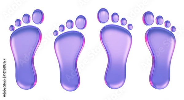 Fototapeta Shiny purple footprints isolated on white showing different foot positions for creative design or healthcare concepts