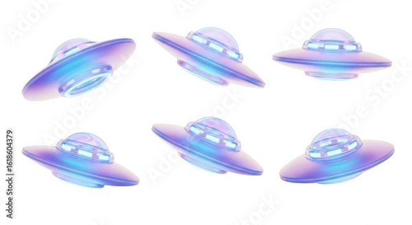 Fototapeta 3D-rendered flying saucers in various positions floating against a white background for design sci-fi and extraterrestrial themes