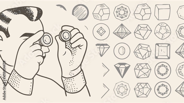 Obraz Illustration of a man examining gems with a loupe next to various gem shapes in a patterned arrangement | editable eps vectors silhouette