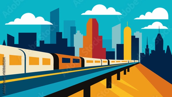 Fototapeta City Skyline as Seen from an Overpass Above a Railroad