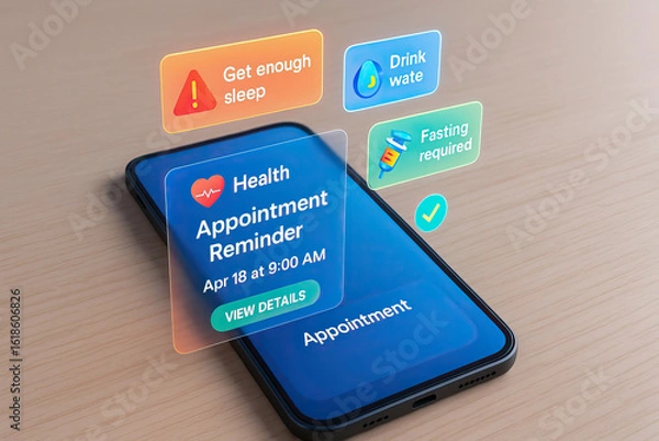 Fototapeta Health appointment reminder on smartphone screen with notifications for getting enough sleep, drinking water, and fasting required, digital health management concept
