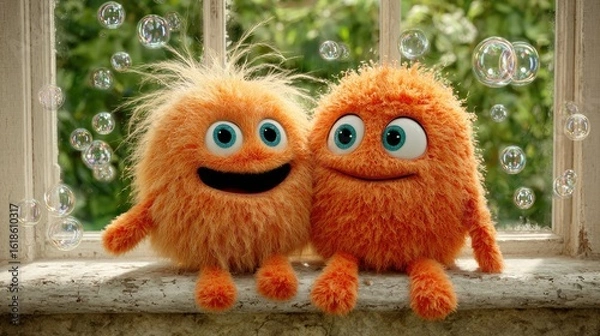 Obraz Two fuzzy orange creatures sit on a windowsill, surrounded by bubbles