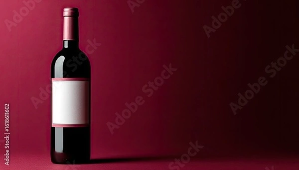 Fototapeta Red wine bottle on burgundy background.  Empty label