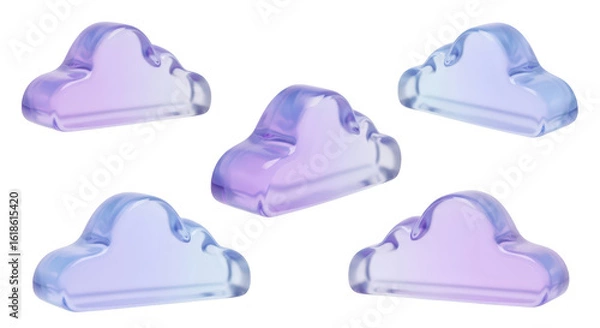 Fototapeta 3D rendered glass clouds floating on a white background representing computing or data storage concepts perfect for websites or presentations
