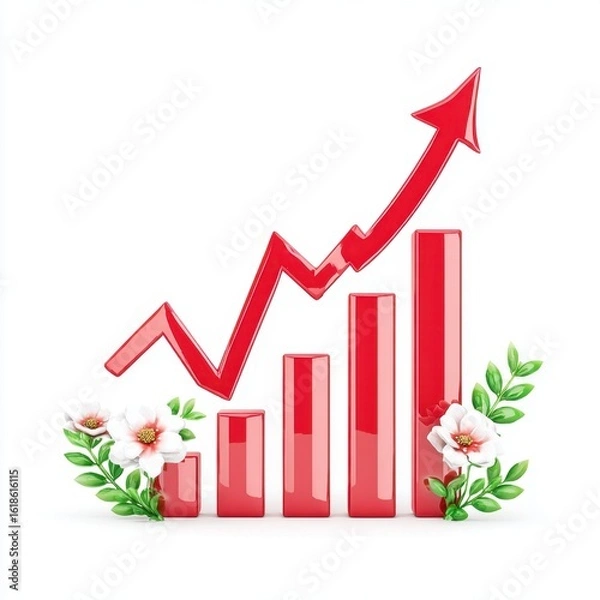 Fototapeta Red Bar Graph with Upward Arrow and Flowers on White Background, Growth Concept