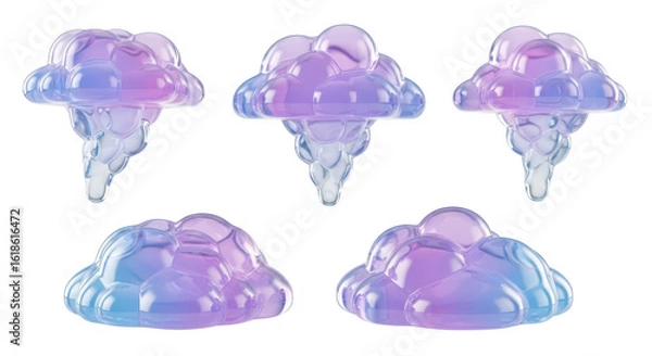 Fototapeta Artistic 3D cloud shapes in pastel blue & purple colors are floating on white background perfect for graphic design
