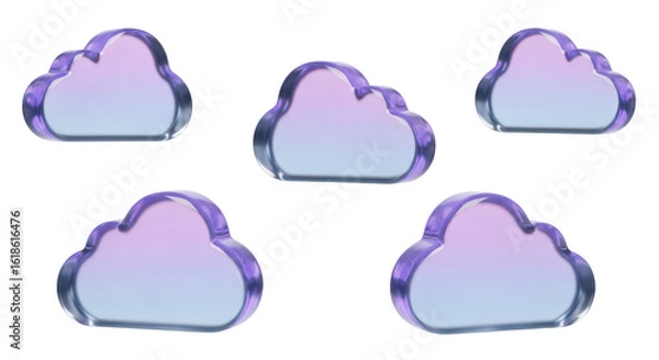 Fototapeta Five transparent purple cloud shapes on white Illustration suggests cloud computing data storage or online services with a clean background