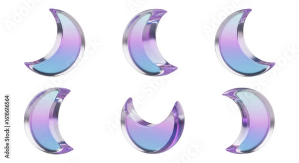 Fototapeta Rendered set of six pastel glass crescent moons against a clean white background for design elements or celestial themes