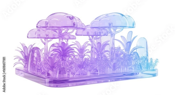 Fototapeta Transparent miniature forest scene with trees and plants rendered on white background used for concepts of nature technology and fantasy