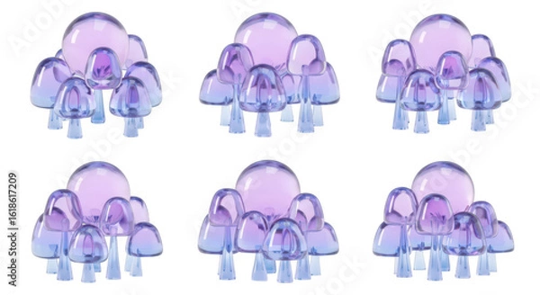 Fototapeta 3D rendered purple & blue glass mushroom sculptures in clusters arrayed on white perfect for whimsical design or fantastical illustrations
