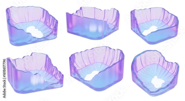 Fototapeta Translucent iridescent geometric vessels are showcased on a white background suggesting abstract display and decorative applications