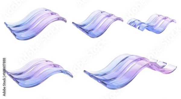 Fototapeta Abstract glass wave sculptures arranged on a white surface showcasing light refraction and reflections; ideal for design elements