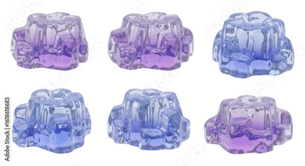 Fototapeta Six colorful abstract geometric ice-like objects are arranged in two rows isolated on a white background for decorative or artistic purposes
