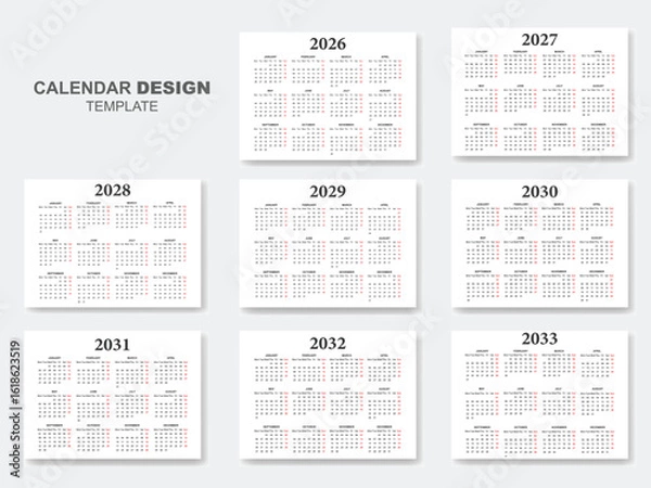 Obraz Calendars design 2026 to 2033 vector set of minimal template