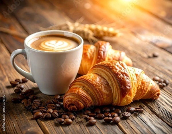 Fototapeta Latte and croissants on a rustic wooden table