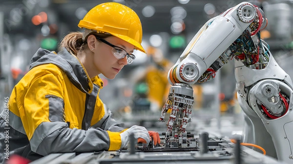 Fototapeta A woman and an AI robot working together on a production line, highlighting the integration of robotics in manufacturing and industrial automation